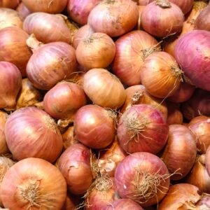 A vibrant display of fresh red and brown onions, showcasing texture and color.